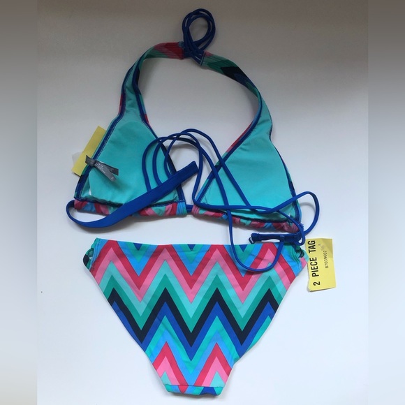 Aerie 2 Piece Bikini Strappy Cross Back Top Flame Stitch Design Blue Size Small - Picture 6 of 8